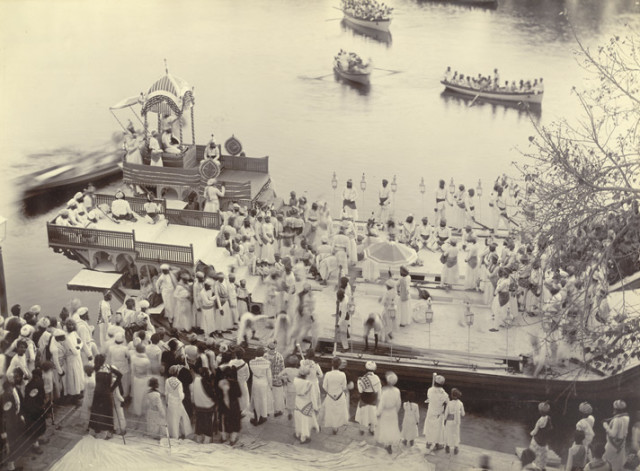 His Highness on board the Royal barge in the Lake Pichchola, Udaipur
