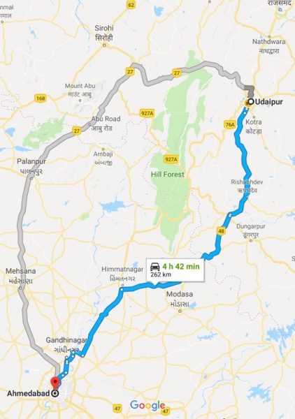 udaipur-ahemdabad distance